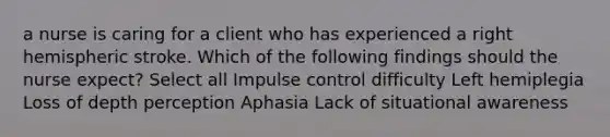 a nurse is caring for a client who has experienced a right hemispheric stroke. Which of the following findings should the nurse expect? Select all Impulse control difficulty Left hemiplegia Loss of depth perception Aphasia Lack of situational awareness