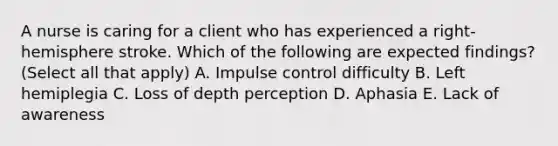 A nurse is caring for a client who has experienced a right-hemisphere stroke. Which of the following are expected findings? (Select all that apply) A. Impulse control difficulty B. Left hemiplegia C. Loss of depth perception D. Aphasia E. Lack of awareness