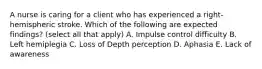A nurse is caring for a client who has experienced a right-hemispheric stroke. Which of the following are expected findings? (select all that apply) A. Impulse control difficulty B. Left hemiplegia C. Loss of Depth perception D. Aphasia E. Lack of awareness
