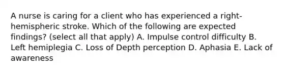 A nurse is caring for a client who has experienced a right-hemispheric stroke. Which of the following are expected findings? (select all that apply) A. Impulse control difficulty B. Left hemiplegia C. Loss of Depth perception D. Aphasia E. Lack of awareness