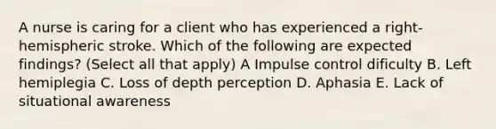 A nurse is caring for a client who has experienced a right-hemispheric stroke. Which of the following are expected findings? (Select all that apply) A Impulse control dificulty B. Left hemiplegia C. Loss of depth perception D. Aphasia E. Lack of situational awareness