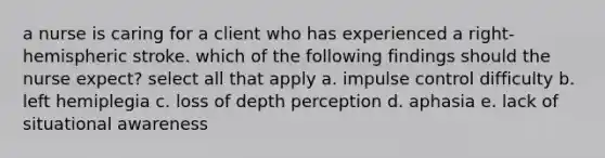 a nurse is caring for a client who has experienced a right-hemispheric stroke. which of the following findings should the nurse expect? select all that apply a. impulse control difficulty b. left hemiplegia c. loss of depth perception d. aphasia e. lack of situational awareness