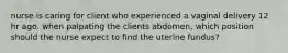 nurse is caring for client who experienced a vaginal delivery 12 hr ago. when palpating the clients abdomen, which position should the nurse expect to find the uterine fundus?