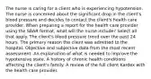 The nurse is caring for a client who is experiencing hypotension. The nurse is concerned about the significant drop in the client's blood pressure and decides to contact the client's health care provider. When preparing a report for the health care provider using the SBAR format, what will the nurse include? Select all that apply. The client's blood pressure trend over the past 24 hours. The primary reason the client was admitted to the hospital. Objective and subjective data from the most recent assessment. An explanation of what is needed to improve the hypotensive state. A history of chronic health conditions affecting the client's family. A review of the full client Kardex with the health care provider.