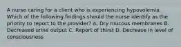 A nurse caring for a client who is experiencing hypovolemia. Which of the following findings should the nurse identify as the priority to report to the provider? A. Dry mucous membranes B. Decreased urine output C. Report of thirst D. Decrease in level of consciousness