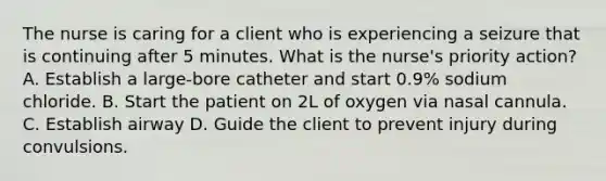 The nurse is caring for a client who is experiencing a seizure that is continuing after 5 minutes. What is the nurse's priority action? A. Establish a large-bore catheter and start 0.9% sodium chloride. B. Start the patient on 2L of oxygen via nasal cannula. C. Establish airway D. Guide the client to prevent injury during convulsions.