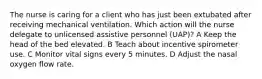 The nurse is caring for a client who has just been extubated after receiving mechanical ventilation. Which action will the nurse delegate to unlicensed assistive personnel (UAP)? A Keep the head of the bed elevated. B Teach about incentive spirometer use. C Monitor vital signs every 5 minutes. D Adjust the nasal oxygen flow rate.