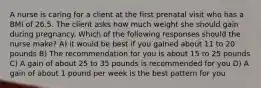 A nurse is caring for a client at the first prenatal visit who has a BMI of 26.5. The client asks how much weight she should gain during pregnancy. Which of the following responses should the nurse make? A) it would be best if you gained about 11 to 20 pounds B) The recommendation for you is about 15 to 25 pounds C) A gain of about 25 to 35 pounds is recommended for you D) A gain of about 1 pound per week is the best pattern for you