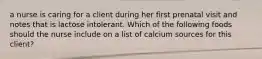 a nurse is caring for a client during her first prenatal visit and notes that is lactose intolerant. Which of the following foods should the nurse include on a list of calcium sources for this client?