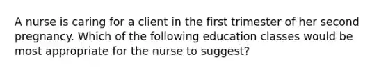 A nurse is caring for a client in the first trimester of her second pregnancy. Which of the following education classes would be most appropriate for the nurse to suggest?