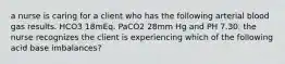 a nurse is caring for a client who has the following arterial blood gas results. HCO3 18mEq. PaCO2 28mm Hg and PH 7.30. the nurse recognizes the client is experiencing which of the following acid base imbalances?