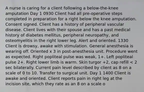 A nurse is caring for a client following a below-the-knee amputation Day 1 0930 Client had all pre-operative steps completed in preparation for a right below the knee amputation. Consent signed. Client has a history of peripheral vascular disease. Client lives with their spouse and has a past medical history of diabetes mellitus, peripheral neuropathy, and osteomyelitis in the right lower leg. Alert and oriented. 1330 Client is drowsy, awake with stimulation. General anesthesia is wearing off. Oriented x 3 in post-anesthesia unit. Procedure went as expected. Right popliteal pulse was weak, 1+. Left popliteal pulse 2+. Right lower limb is warm. Skin turgor +2, cap refill < 2 sec bilaterally. Current pain level described by client as 8 on a scale of 0 to 10. Transfer to surgical unit. Day 1 1400 Client is awake and oriented. Client reports pain in right leg at the incision site, which they rate as an 8 on a scale o