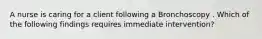 A nurse is caring for a client following a Bronchoscopy . Which of the following findings requires immediate intervention?