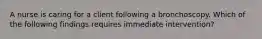 A nurse is caring for a client following a bronchoscopy. Which of the following findings requires immediate intervention?