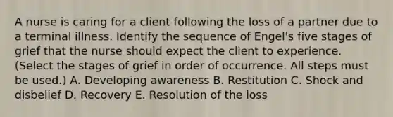 A nurse is caring for a client following the loss of a partner due to a terminal illness. Identify the sequence of Engel's five stages of grief that the nurse should expect the client to experience. (Select the stages of grief in order of occurrence. All steps must be used.) A. Developing awareness B. Restitution C. Shock and disbelief D. Recovery E. Resolution of the loss