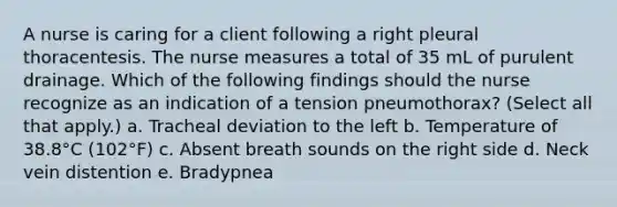 A nurse is caring for a client following a right pleural thoracentesis. The nurse measures a total of 35 mL of purulent drainage. Which of the following findings should the nurse recognize as an indication of a tension pneumothorax? (Select all that apply.) a. Tracheal deviation to the left b. Temperature of 38.8°C (102°F) c. Absent breath sounds on the right side d. Neck vein distention e. Bradypnea