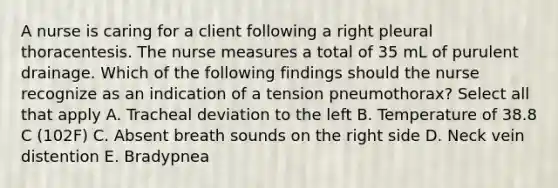 A nurse is caring for a client following a right pleural thoracentesis. The nurse measures a total of 35 mL of purulent drainage. Which of the following findings should the nurse recognize as an indication of a tension pneumothorax? Select all that apply A. Tracheal deviation to the left B. Temperature of 38.8 C (102F) C. Absent breath sounds on the right side D. Neck vein distention E. Bradypnea