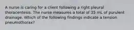 A nurse is caring for a client following a right pleural thoracentesis. The nurse measures a total of 35 mL of purulent drainage. Which of the following findings indicate a tension pneumothorax?