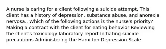 A nurse is caring for a client following a suicide attempt. This client has a history of depression, substance abuse, and anorexia nervosa.. Which of the following actions is the nurse's priority? Making a contract with the client for eating behavior Reviewing the client's toxicology laboratory report Initiating suicide precautions Administering the Hamilton Depression Scale