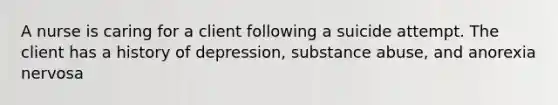 A nurse is caring for a client following a suicide attempt. The client has a history of depression, substance abuse, and anorexia nervosa