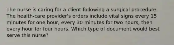 The nurse is caring for a client following a surgical procedure. The health-care provider's orders include vital signs every 15 minutes for one hour, every 30 minutes for two hours, then every hour for four hours. Which type of document would best serve this nurse?