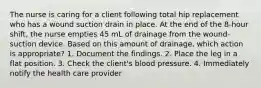 The nurse is caring for a client following total hip replacement who has a wound suction drain in place. At the end of the 8-hour shift, the nurse empties 45 mL of drainage from the wound-suction device. Based on this amount of drainage, which action is appropriate? 1. Document the findings. 2. Place the leg in a flat position. 3. Check the client's blood pressure. 4. Immediately notify the health care provider