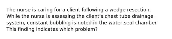 The nurse is caring for a client following a wedge resection. While the nurse is assessing the client's chest tube drainage system, constant bubbling is noted in the water seal chamber. This finding indicates which problem?
