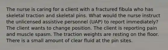 The nurse is caring for a client with a fractured fibula who has skeletal traction and skeletal pins. What would the nurse instruct the unlicensed assistive personnel (UAP) to report immediately? The client wants to change position. The client is reporting pain and muscle spasm. The traction weights are resting on the floor. There is a small amount of clear fluid at the pin sites.