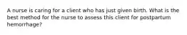 A nurse is caring for a client who has just given birth. What is the best method for the nurse to assess this client for postpartum hemorrhage?