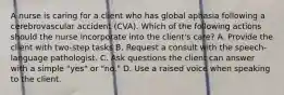 A nurse is caring for a client who has global aphasia following a cerebrovascular accident (CVA). Which of the following actions should the nurse incorporate into the client's care? A. Provide the client with two-step tasks B. Request a consult with the speech-language pathologist. C. Ask questions the client can answer with a simple "yes" or "no." D. Use a raised voice when speaking to the client.