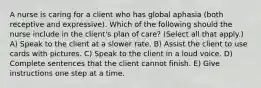 A nurse is caring for a client who has global aphasia (both receptive and expressive). Which of the following should the nurse include in the client's plan of care? (Select all that apply.) A) Speak to the client at a slower rate. B) Assist the client to use cards with pictures. C) Speak to the client in a loud voice. D) Complete sentences that the client cannot finish. E) Give instructions one step at a time.