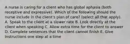 A nurse is caring for a client who has global aphasia (both receptive and expressive). Which of the following should the nurse include in the client's plan of care? (select all that apply). A. Speak to the client at a slower rate B. Look directly at the client when speaking C. Allow extra time for the client to answer D. Complete sentences that the client cannot finish E. Give Instructions one step at a time