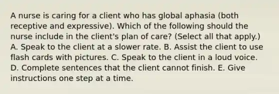 A nurse is caring for a client who has global aphasia (both receptive and expressive). Which of the following should the nurse include in the client's plan of care? (Select all that apply.) A. Speak to the client at a slower rate. B. Assist the client to use flash cards with pictures. C. Speak to the client in a loud voice. D. Complete sentences that the client cannot finish. E. Give instructions one step at a time.