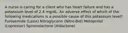 A nurse is caring for a client who has heart failure and has a potassium level of 2.4 mg/dL. An adverse effect of which of the following medications is a possible cause of this potassium level? Furosemide (Lasix) Nitroglycerin (Nitro-Bid) Metoprolol (Lopressor) Spironolactone (Aldactone)