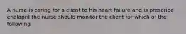 A nurse is caring for a client to his heart failure and is prescribe enalapril the nurse should monitor the client for which of the following