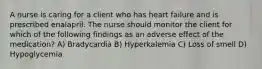 A nurse is caring for a client who has heart failure and is prescribed enalapril. The nurse should monitor the client for which of the following findings as an adverse effect of the medication? A) Bradycardia B) Hyperkalemia C) Loss of smell D) Hypoglycemia