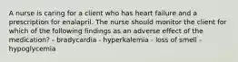 A nurse is caring for a client who has heart failure and a prescription for enalapril. The nurse should monitor the client for which of the following findings as an adverse effect of the medication? - bradycardia - hyperkalemia - loss of smell - hypoglycemia