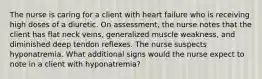 The nurse is caring for a client with heart failure who is receiving high doses of a diuretic. On assessment, the nurse notes that the client has flat neck veins, generalized muscle weakness, and diminished deep tendon reflexes. The nurse suspects hyponatremia. What additional signs would the nurse expect to note in a client with hyponatremia?