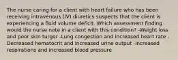 The nurse caring for a client with heart failure who has been receiving intravenous (IV) diuretics suspects that the client is experiencing a fluid volume deficit. Which assessment finding would the nurse note in a client with this condition? -Weight loss and poor skin turgor -Lung congestion and increased heart rate -Decreased hematocrit and increased urine output -Increased respirations and increased blood pressure