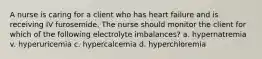 A nurse is caring for a client who has heart failure and is receiving IV furosemide. The nurse should monitor the client for which of the following electrolyte imbalances? a. hypernatremia v. hyperuricemia c. hypercalcemia d. hyperchloremia