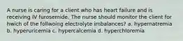 A nurse is caring for a client who has heart failure and is receiving IV furosemide. The nurse should monitor the client for hwich of the follwoing electrolyte imbalances? a. hypernatremia b. hyperuricemia c. hypercalcemia d. hyperchloremia