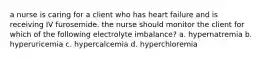 a nurse is caring for a client who has heart failure and is receiving IV furosemide. the nurse should monitor the client for which of the following electrolyte imbalance? a. hypernatremia b. hyperuricemia c. hypercalcemia d. hyperchloremia