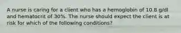 A nurse is caring for a client who has a hemoglobin of 10.8 g/dl and hematocrit of 30%. The nurse should expect the client is at risk for which of the following conditions?