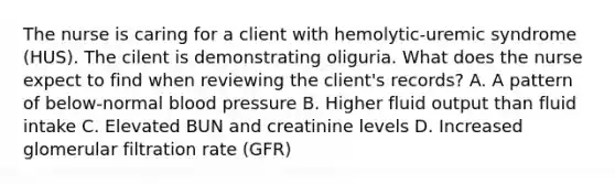 The nurse is caring for a client with hemolytic-uremic syndrome (HUS). The cilent is demonstrating oliguria. What does the nurse expect to find when reviewing the client's records? A. A pattern of below-normal blood pressure B. Higher fluid output than fluid intake C. Elevated BUN and creatinine levels D. Increased glomerular filtration rate (GFR)