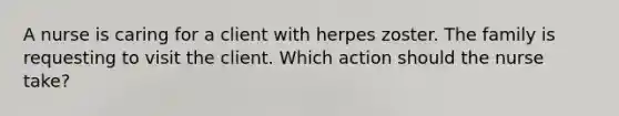 A nurse is caring for a client with herpes zoster. The family is requesting to visit the client. Which action should the nurse take?