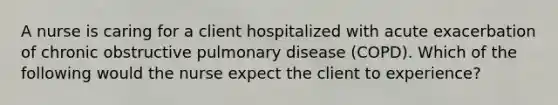 A nurse is caring for a client hospitalized with acute exacerbation of chronic obstructive pulmonary disease (COPD). Which of the following would the nurse expect the client to experience?