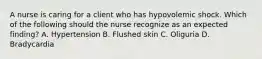 A nurse is caring for a client who has hypovolemic shock. Which of the following should the nurse recognize as an expected finding? A. Hypertension B. Flushed skin C. Oliguria D. Bradycardia