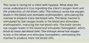 The nurse is caring for a client with hypoxia. What does the nurse understand is true regarding the client's oxygen level and the production of red blood cells? The kidneys sense low oxygen levels in the blood and stimulate erythropoietin, stimulating the marrow to produce more red blood cells. The bone marrow is stimulated by low oxygen levels in the blood and stimulates erythropoietin, maturing the red blood cells. The brain senses low oxygen levels in the blood and stimulates hemoglobin, which binds to more red blood cells. The kidneys sense low oxygen levels in the blood and stimulate hemoglobin, stimulating the marrow to produce more red blood cells.