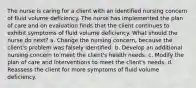 The nurse is caring for a client with an identified nursing concern of fluid volume deficiency. The nurse has implemented the plan of care and on evaluation finds that the client continues to exhibit symptoms of fluid volume deficiency. What should the nurse do next? a. Change the nursing concern, because the client's problem was falsely identified. b. Develop an additional nursing concern to meet the client's health needs. c. Modify the plan of care and interventions to meet the client's needs. d. Reassess the client for more symptoms of fluid volume deficiency.