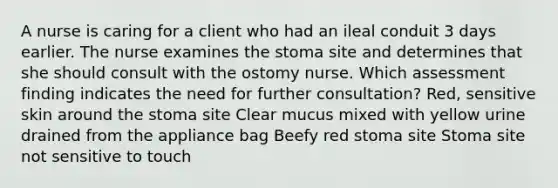 A nurse is caring for a client who had an ileal conduit 3 days earlier. The nurse examines the stoma site and determines that she should consult with the ostomy nurse. Which assessment finding indicates the need for further consultation? Red, sensitive skin around the stoma site Clear mucus mixed with yellow urine drained from the appliance bag Beefy red stoma site Stoma site not sensitive to touch